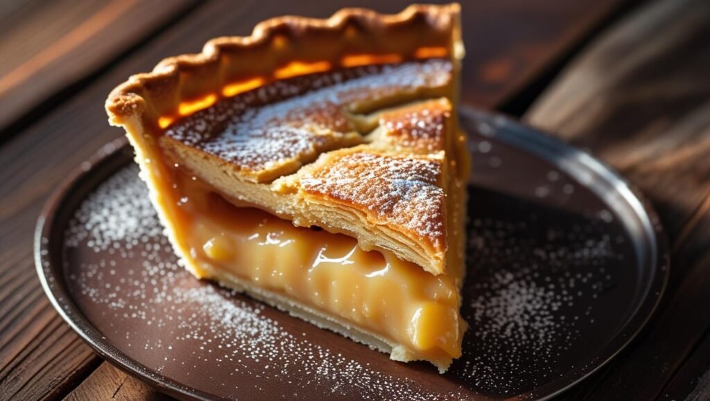 A close-up of a golden-brown chess pie slice with a gooey custard center