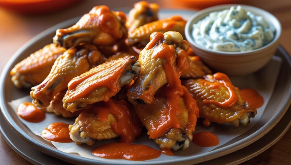 Baked Buffalo Chicken Wings with Blue Cheese Sauce
